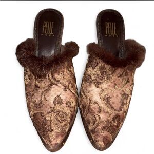 Pelle Moda Brown Brocade Mules with Fur Trim